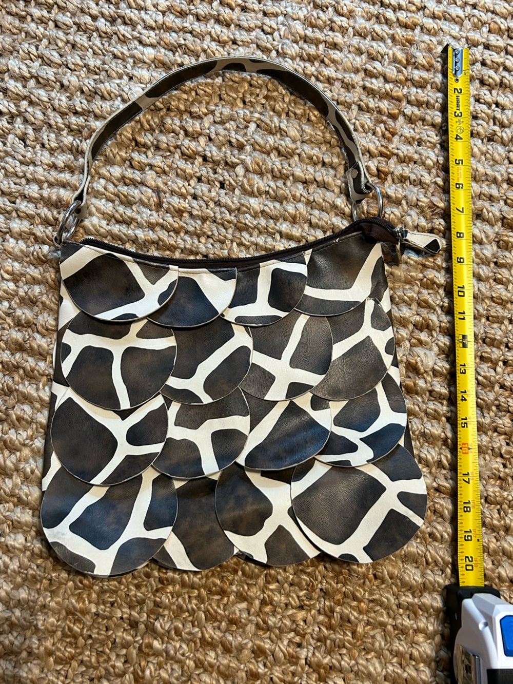 Brown Black and Cream Giraffe Print Scalloped Pattern Shoulder Bag